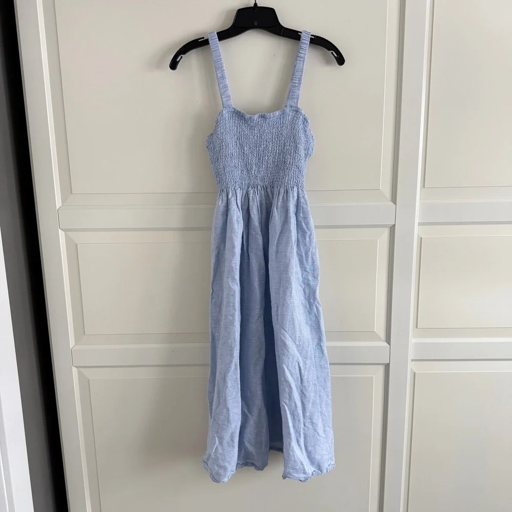 J. Crew Blue Smocked Linen-Cotton Beach Midi Dress Size Medium 41855